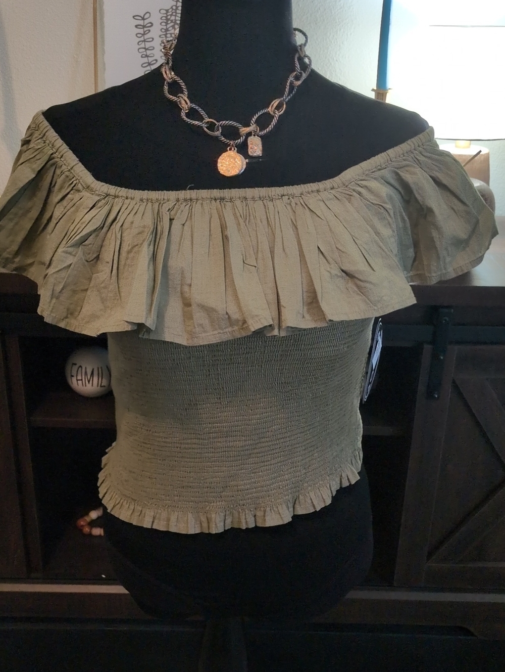 Off-Shoulder Ruffle Smocked Crop Top in Olive Green